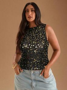 SHEIN BAE 大码女士性感镂空露背吊带背心，纯绿色，时尚百搭，适合海滩度假、假日、春假、音乐节、派对、演唱会、初秋、万圣节等场合，亮片点缀，性感优雅。 - 黑色 - 查看 4