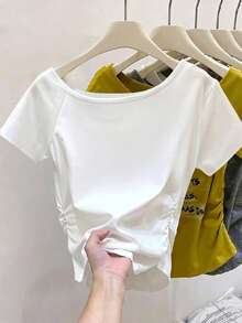 Resyla Women's Summer Seashell Print Short Sleeve T-Shirt, Side Ruched Slim Fit Off-Shoulder Top - White - View 2