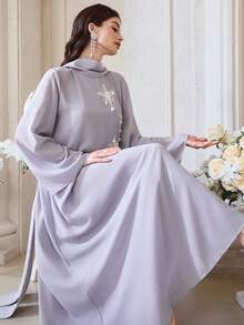 Al Najma Women's Elegant Beaded Embroidery Loose Arabic Style Dress, Autumn - Dusty Purple - View 3