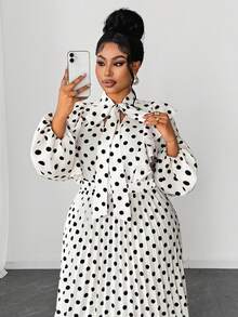 Maweii 大码女士优雅浪漫精致法式波点婚礼宾客V领雪纺荷叶袖收腰褶皱飘逸长裙 - 彩色 - 查看 3