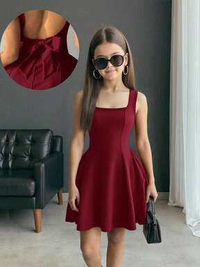 Firerie Kids Vestido de línea A con cuello cuadrado elegante y lindo para niñas preadolescentes, color borgoña, con gran lazo en la espalda