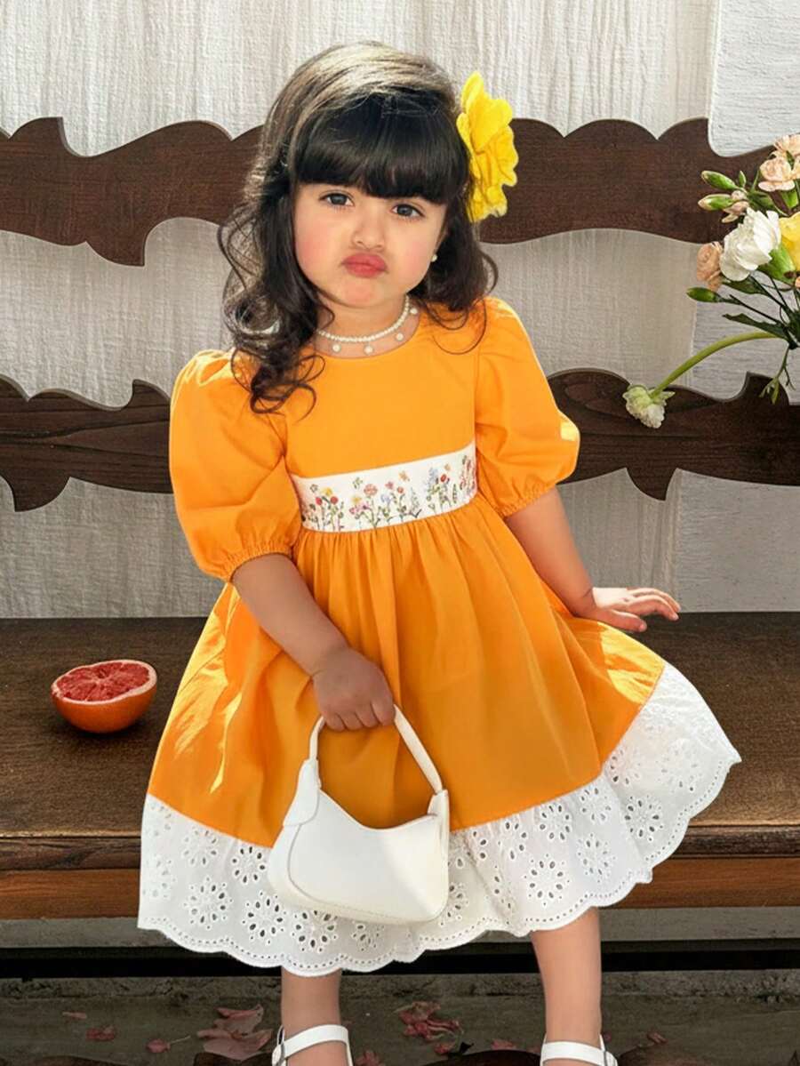 LMoss Kids 女婴碎花圆领长袖拼接荷叶边连衣裙 - 黃色 - 查看 1