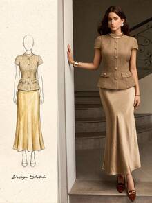 ZEYLAH 2pcs Elegant Satin Patchwork Set - Khaki - View 2