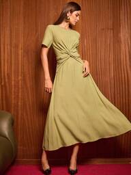 Uhlyne ชุดเดรสยาวทรงเอไลน์ คอกลม แต่งปมบิดเกลียว สำหรับผู้หญิง เหมาะสำหรับใส่ไปทำงาน, ออกเดท, ปาร์ตี้, คริสต์มาส