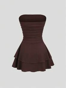 Sweetra Vestido mini de punto sin tirantes de unicolor simple para mujer, vestido de pastel de múltiples capas - Café - Ver 2