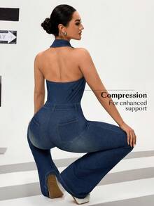 Flexra Women's Sexy Backless Halter Neck Washed Denim Jumpsuit, Summer