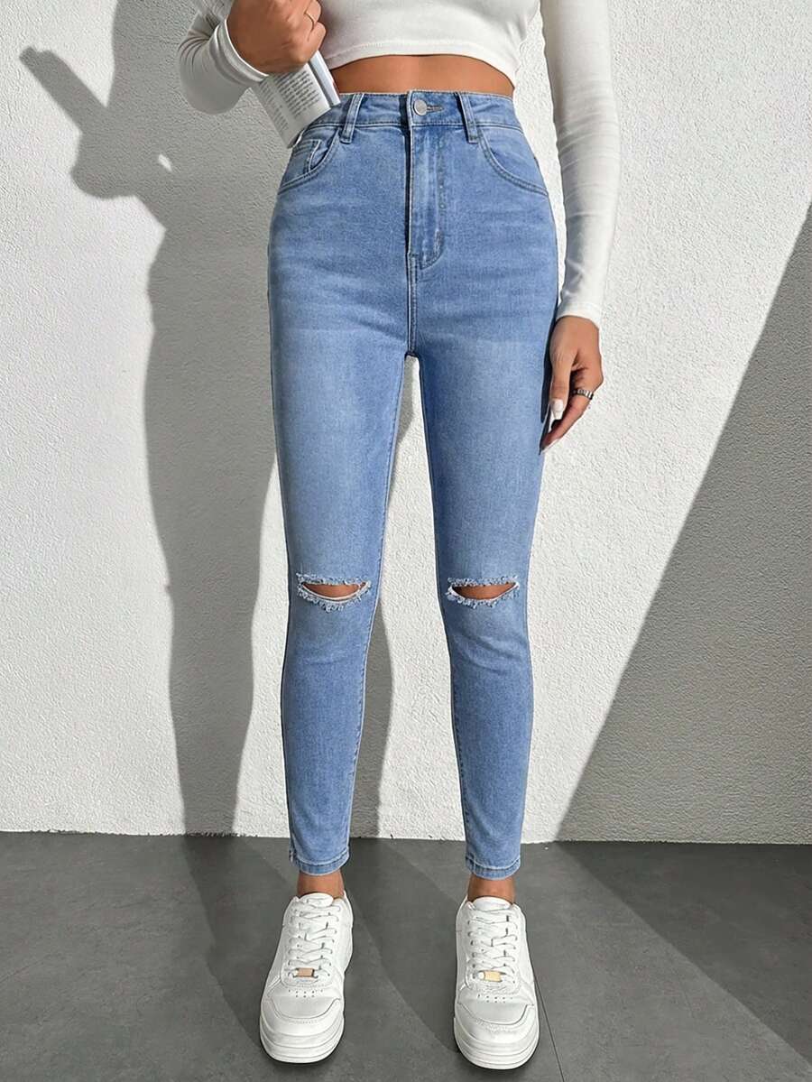 SHEIN PETITE 98% Cotton Women's Skinny Ripped Jeans ,Petite Women - Baby Blue - View 1