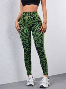 SHEIN 绿色提花休闲裤，简约时尚日常瑜伽女裤 - 彩色 - 查看 4