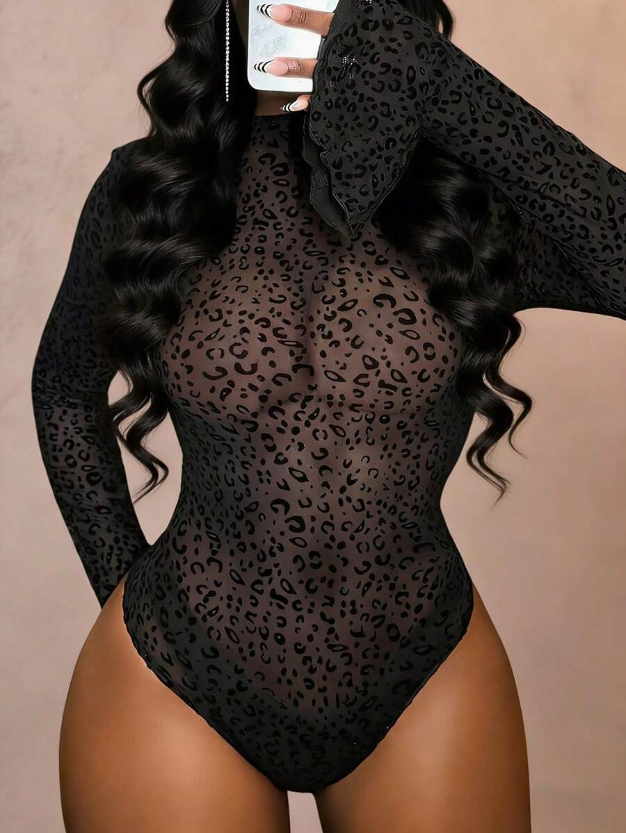 Slaydiva Bodysuit Jala Hitam Wanita, Motif Leopard Transparan Lengan Panjang dengan Manset Berkerut, Tanpa Punggung, Lapisan Dasar Ramping untuk Musim Panas, Klub Malam, dan Pesta Kolam Renang - Hitam - View 1