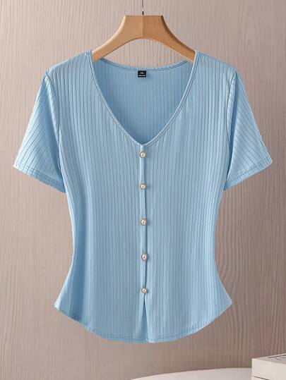 GlowEve CURVE Plus Size Tranquil Blue Ribbed Pearl Button Decor Elegant Short Sleeve T-Shirt, Spring/Summer