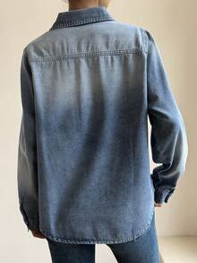 Livesso 春季休闲棉质牛仔夹克，做旧图案，翻领设计，女款 - 中等水洗藍 - 查看 2