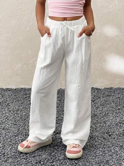 Coolane Kids Tween Girls Summer/Spring Minimalist Boho Vacation Casual Basic Daily Wear Linen Comfortable Low Rise Baggy White Pants, Linen Pants,Beach,Vacation, Girl Wide Leg Pants, Summer Pants,Kidsfashion,Girlsoutfitideas,Tweenstyle