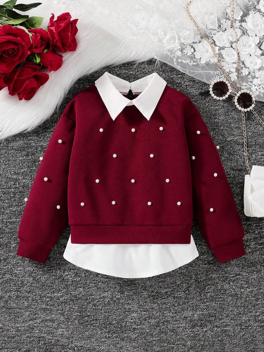 SHEIN Elladie kids Young Girl New 2-In-1 Sweatshirt With Shirt Collar, Loose Fit