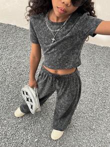 Tween Girls Spring/Summer Streetwear Minimalist Washed Grey Bustier Slim Fit Tees Straight Leg Baggy Mid Rise Straight Pants Two Pieces Outfits - Black - View 7