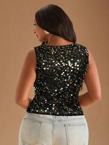 SHEIN BAE 大码女士性感镂空露背吊带背心，纯绿色，时尚百搭，适合海滩度假、假日、春假、音乐节、派对、演唱会、初秋、万圣节等场合，亮片点缀，性感优雅。 - 黑色 - 查看 2