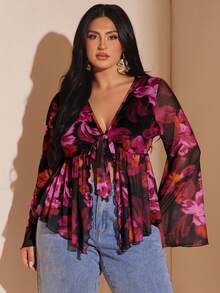 SHEIN BAE Plus Size Vintage Paisley Print Front Tie Knit Top, Flare Sleeve Sheer Mesh Printed Blouse, Summer Vacation/Long Sleeve Top/Summer Top/Formal Top For Women/Fall Wedding Guest Top Curve/Club Women Sexy/Teacher/Halloween/Airport/Western/Back To School/Birthday Top - Purple - View 2