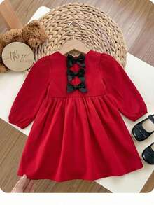 SHEIN LMoss Kids فستان فضفاض بأكمام طويلة مع ربطة عنق وطبعة زهور خفيفة، لطيف وعصري للبنات الصغيرات في العطلات - متعدد الألوان - مشاهدة 4