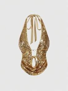 ROMWE Avant Y2K Retro Sexy Draped Neck Beaded Crop Top For Women - Gold - View 1
