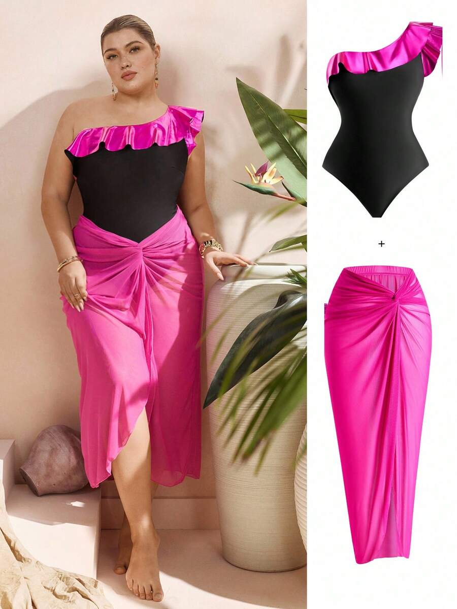 Swim Oasis Plus Size Colorblock Elegant Summer Vacation One Piece Swimsuit + Skirt Cover-Up, Purple Elegant Contrast Black One-Shoulder Ruffle Trim One-Piece + Skirt Cover-Up Plus Size One-Piece Swimsuit - Multicolor - View 1