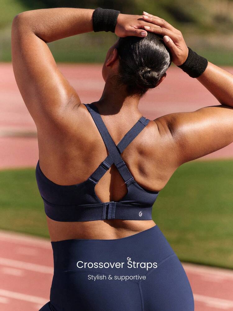 OptiDry Plus Size  Win Soft Stretchy Built-In Cups Square Neck Front Zipper Crossover Back Sports Bra Medium Impact Training Running Gym Workout Daily Active Wear Spring Summer
