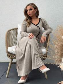 Jeta Ari Women's Casual Contrast Color Patchwork V-Neck Top And A-Line Skirt 2 Pieces Set, Autumn - Apricot - View 1