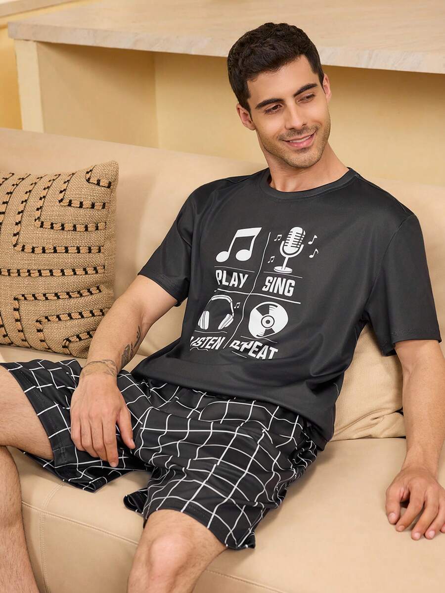 Velminro بيجامة رجالية مطبوعة بألوان متباينة، ملابس علوية بأكمام قصيرة وشورت