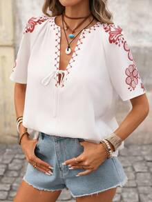 Brillora Women's V-Neck Casual Printed Blouse With Tassel Decor, Suitable For Outdoor & Holiday, Spring/Summer, Spring, Summer Holiday, White - Multicolor - View 2
