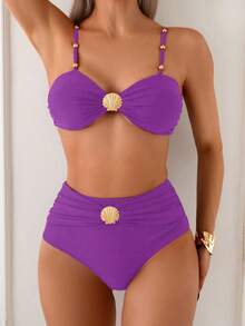 Swim Chiccia 2025春夏女士优雅度假金属贝壳串珠吊带高腰收腹棕色比基尼套装 - 紫色 - 查看 5