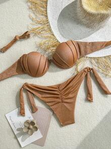 Swim Chiccia 女士银线花瓣硬杯比基尼泳装套装 - 棕色 - 查看 3