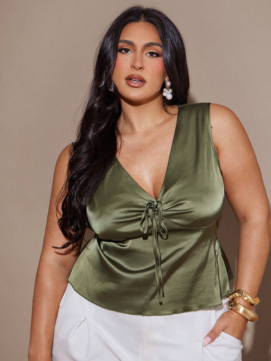 SHEIN BAE 大码女式休闲系带纯色绿色背心，适合夏季、冬季穿着，舒适保暖，也适合万圣节、圣诞节、新年、感恩节等节日，优雅百搭，适合派对、性感夜店等场合。 - 綠色 - 查看 1