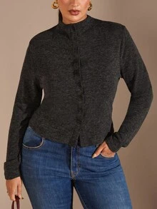 SHEIN BAE Blusa de manga larga con botones delanteros lisos para mujer de talla grande, uso diario casual, blusa básica de manga larga con decoración de botones metálicos para mujer de talla grande, otoño para mujer, invierno para mujer, talla grande de otoño, elegante - Negro - Ver 3