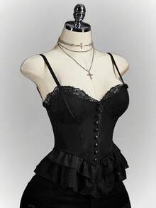 SHEIN ICON Áo camisole nữ màu trơn phối ren ôm sát gợi cảm - màu đen - Xem 1