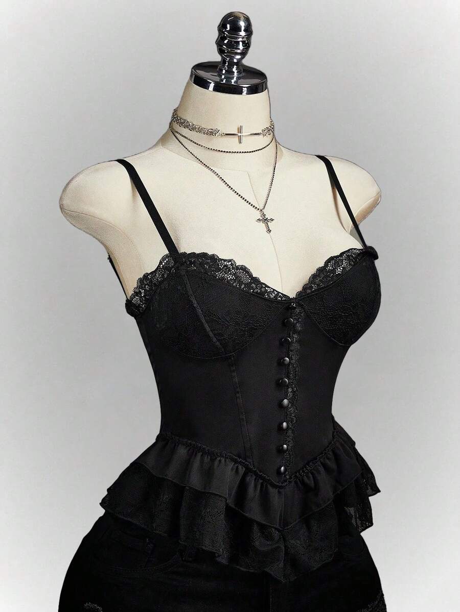 SHEIN ICON Áo camisole nữ màu trơn phối ren ôm sát gợi cảm - màu đen - Xem 1