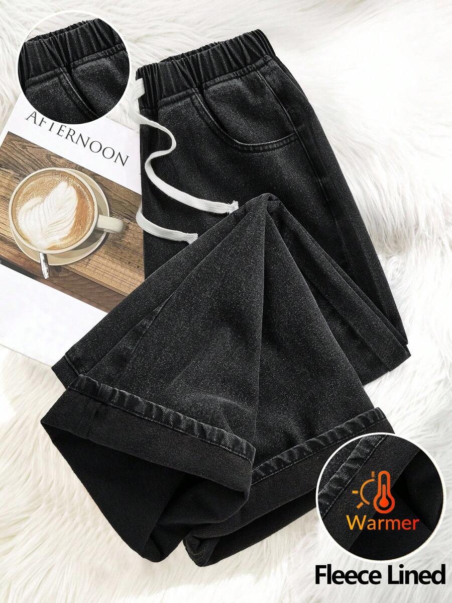 SHEIN Teen Girls' Casual Everyday Washed Elastic Waist Jeans - Black - View 1