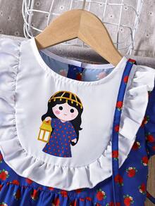 SHEIN 女婴连衣裙，0-3岁，单肩设计，花朵图案，白色荷叶边领口，中间印有卡通女孩图案，袖口和下摆采用褶皱设计，整体可爱甜美。增添甜美气息，适合户外活动、家庭聚会等场合。春秋季穿着正合适。 - 藍色 - 查看 4