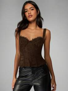 MISSGUIDED Áo corset không tay với chi tiết ren, cổ áo hình trái tim, kiểu dáng cổ điển, thời trang thu đông. - màu nâu - Xem 5
