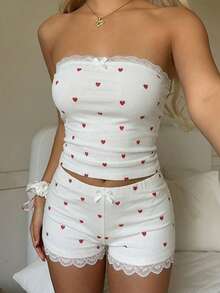 CovetEZ Bộ 2 món, hàng mới về năm 2026, kiểu dáng ôm sát, in hình trái tim, phối ren, gồm áo không tay và quần short, thích hợp cho kỳ nghỉ hè. - Nhiều màu - Xem 5