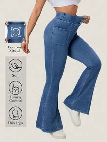SHEIN Unity Women's Solid Color Pocket Button Elastic Casual Flare Jeans - Blue - View 1