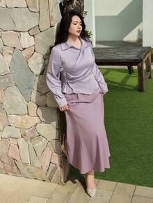 Dazy Plus Conjunto elegante de 2 peças em tafetá com camisa de gola oblíqua e saia longa, tamanho grande, ideal para encontros românticos, primavera/outono. - Roxo Empoeirado - Ver 4
