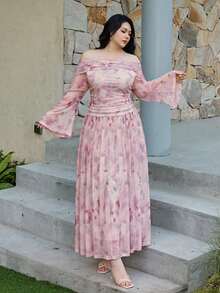 Dazy Plus 情人节印花网纱弹力修身露肩收腰长款连衣裙，度假风，大码，春夏款，粉紫色吊带裙 - 淡紫色 - 查看 4