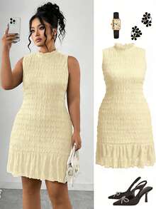 Elenzga 大码提花面料纯色荷叶边无袖连衣裙，罗纹针织修身半身裙，时尚百搭，适合约会和派对穿着 - 杏色 - 查看 1