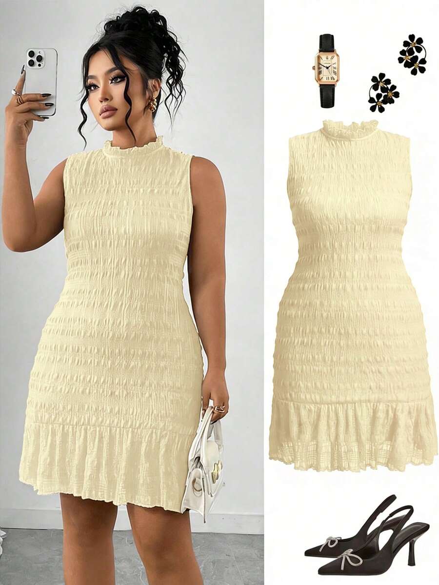 Elenzga 大码提花面料纯色荷叶边无袖连衣裙，罗纹针织修身半身裙，时尚百搭，适合约会和派对穿着 - 杏色 - 查看 1