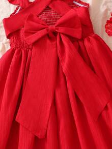 Sparklyn 少女休闲优雅学院风连衣裙，绿色无袖褶皱A字裙，带蝴蝶结和交叉后背绑带，质感面料，适合外出、度假、上学、春夏穿着。 - 紅色 - 查看 5