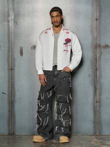 PAVTROS Men's Street-Style Floral & Lip Print Casual Long Sleeve Shirt,White And Red,Summer,Casual,Streetwear,Night,Valentine's Day Oversized Graphic - White - View 4