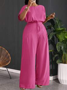 Slaydiva Women's Plus Size 2-Piece Set Blush Pink,Summer,Casual,Everyday,Formal Elegant Commute Loose Drop Shoulder Drawstring Cropped Top & Wide Leg Pants - Hot Pink - View 2