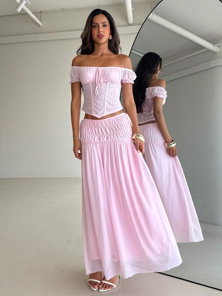Aloruh Women's Romantic Flowy Sheer Solid Light Pink Ruched Bow Tie Waist A-Line Mini Skirt, Valentine's Day