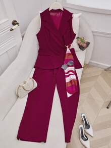 Modelyn Burgundy Sleeveless Suit Set, Elegant Office Commute Style - Burgundy - View 3