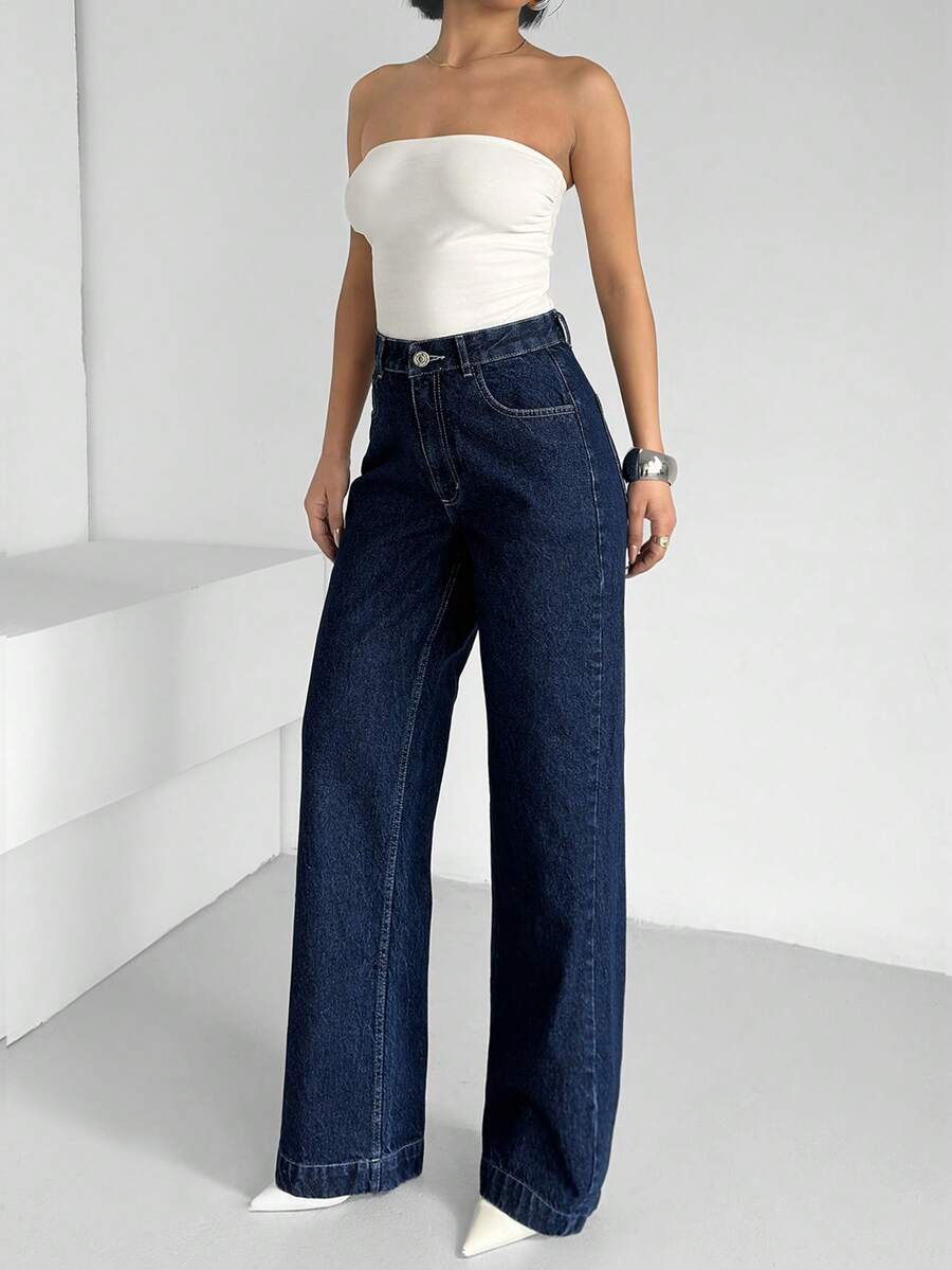 EURMUSE 高腰直筒深色水洗牛仔裤，女士休闲时尚长裤 - 深色水洗藍 - 查看 1