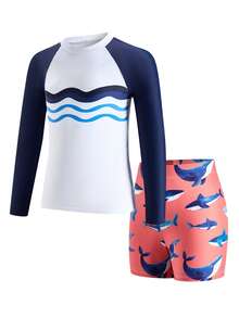 SHEIN 2pcs Tween Boy Casual Vacation Pattern Long Sleeve Swimsuit And Swim Trunks Set - Multicolor - View 5