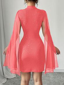 Elenzga 女士立领纯色修身亮面披肩袖迷你连衣裙 - 珊瑚粉 - 查看 2